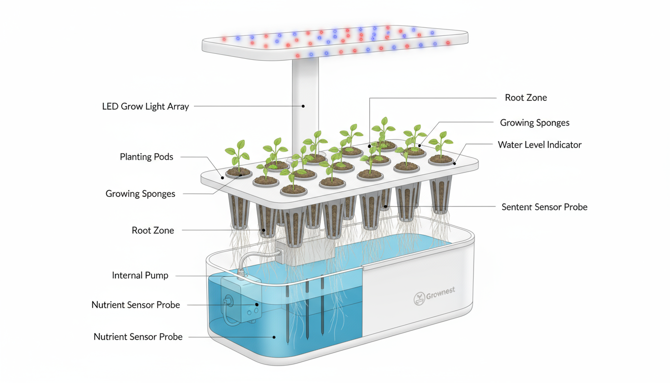 Detailed technical drawing of Grownest Lite indoor hydroponic garden